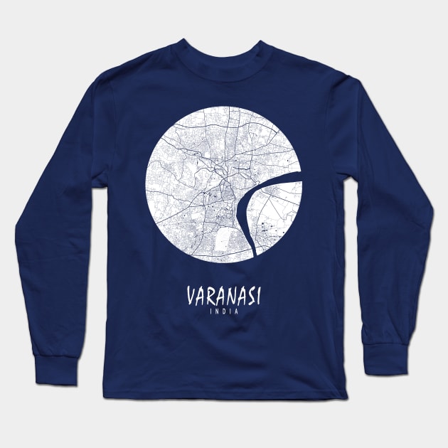 Varanasi, India City Map - Full Moon Long Sleeve T-Shirt by deMAP Studio